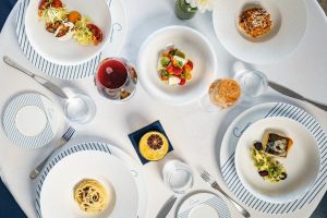 Overhead photo of a table with a selection of dishes at Caruso's
